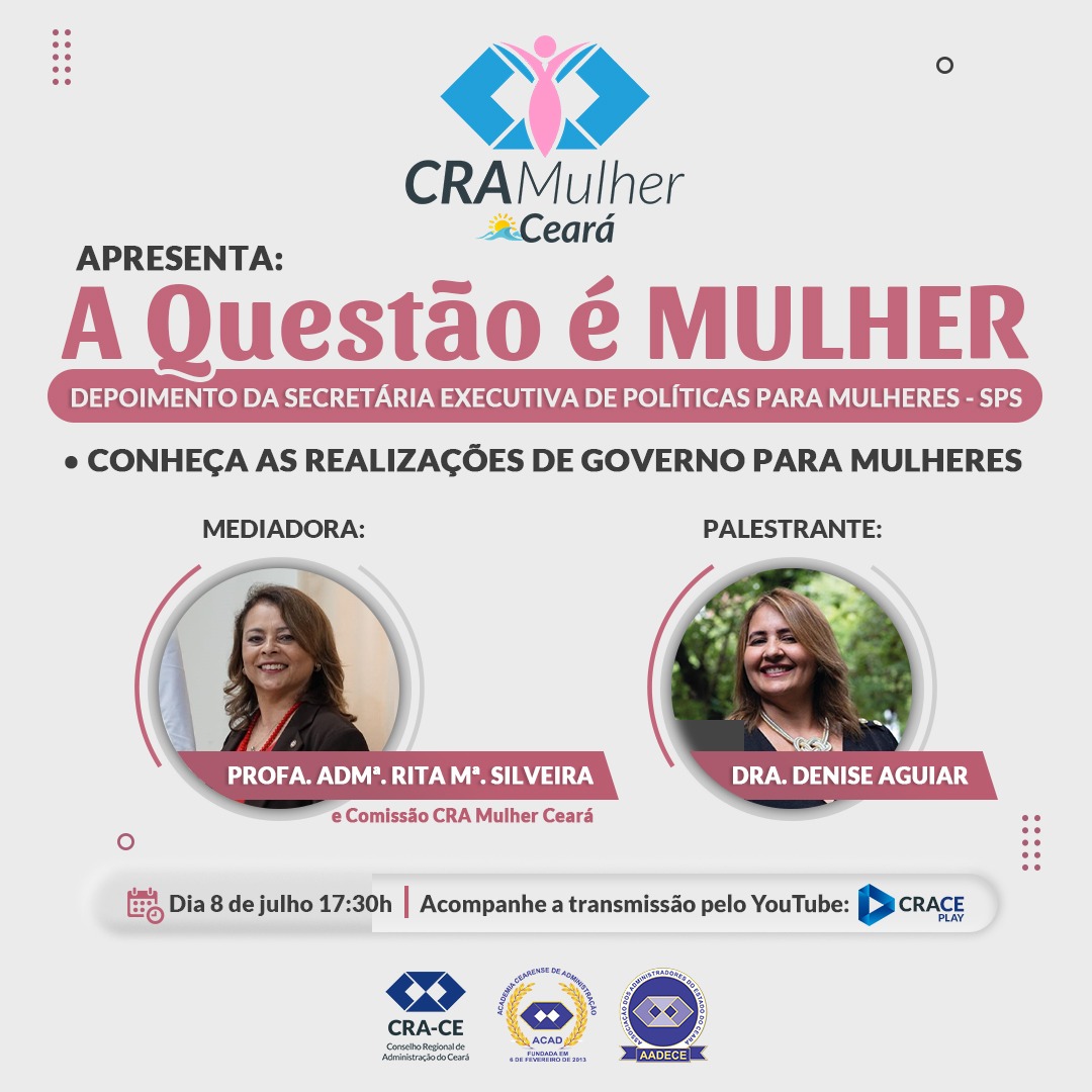 Logo mais, CRA Mulher realiza evento A Questão é Mulher com Denise Aguiar