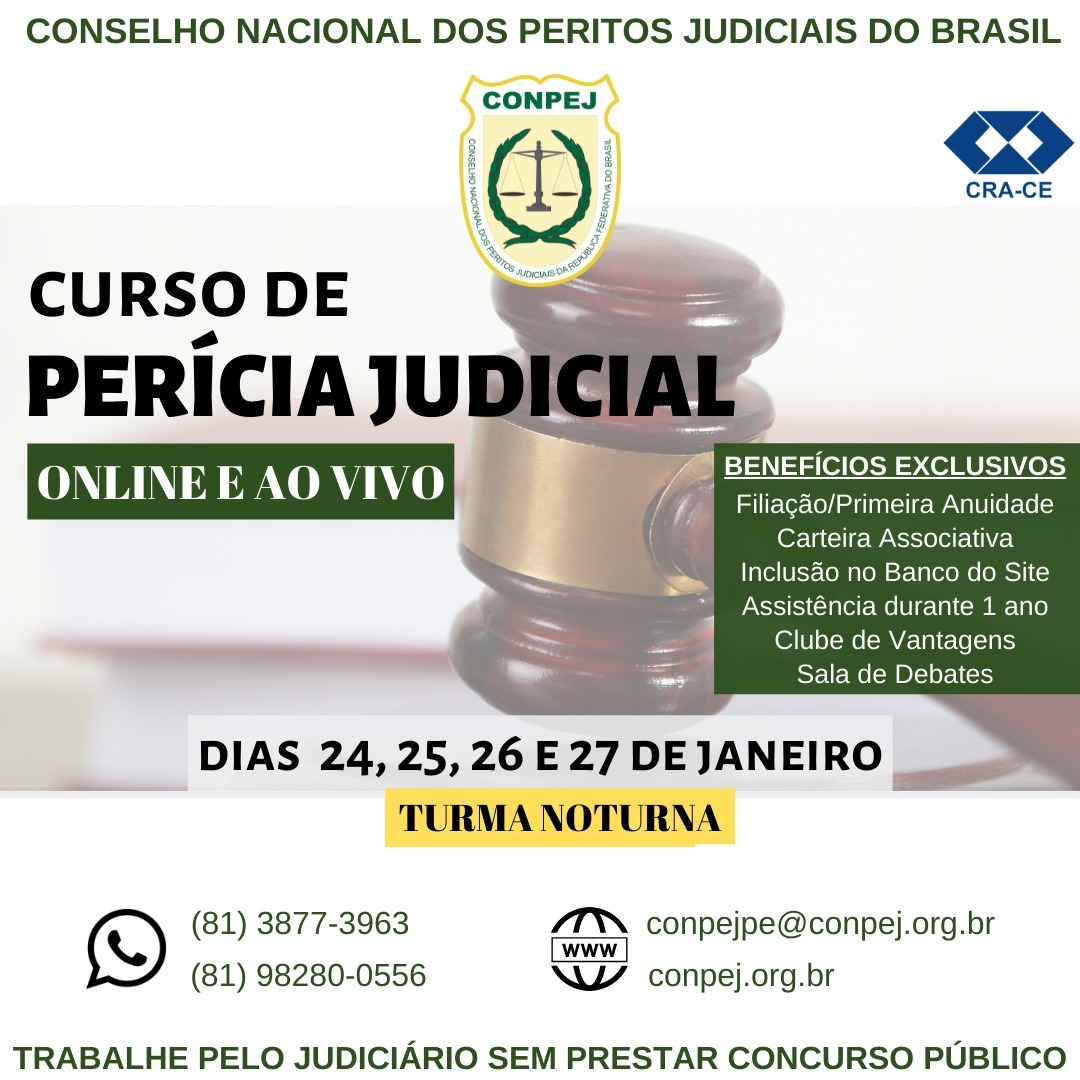 Com parceria do CRA-CE, curso de Perícia Judicial será online e noturno